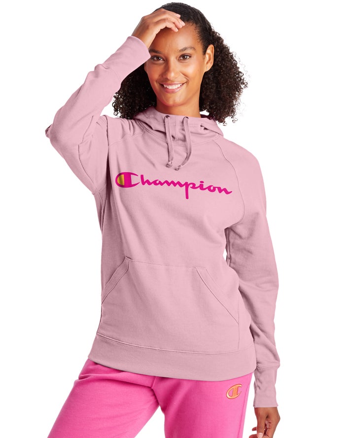 Champion Womens Hoodie NZ - Powerblend Fleece Script Logo Rose ( 6714-URVCE )